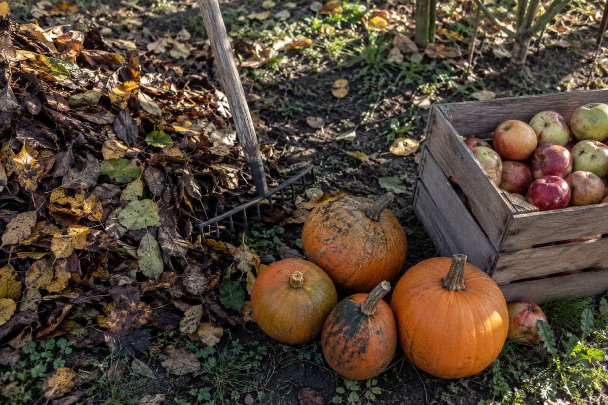 Hokkaido-Kürbisse liegen auf einem abgeernteten Beet, daneben eine Grabegabel und eine Holzkiste.