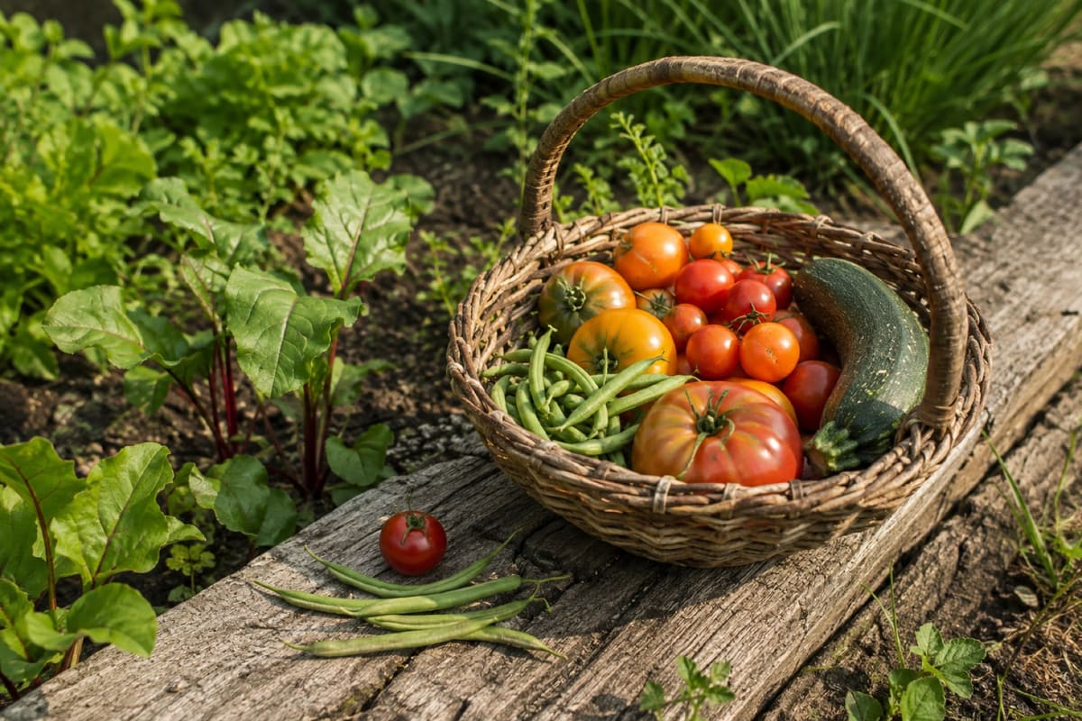 Weidenkorb voller Tomaten, Bohnen und Zucchini auf einer Holzbank am Beetrand.