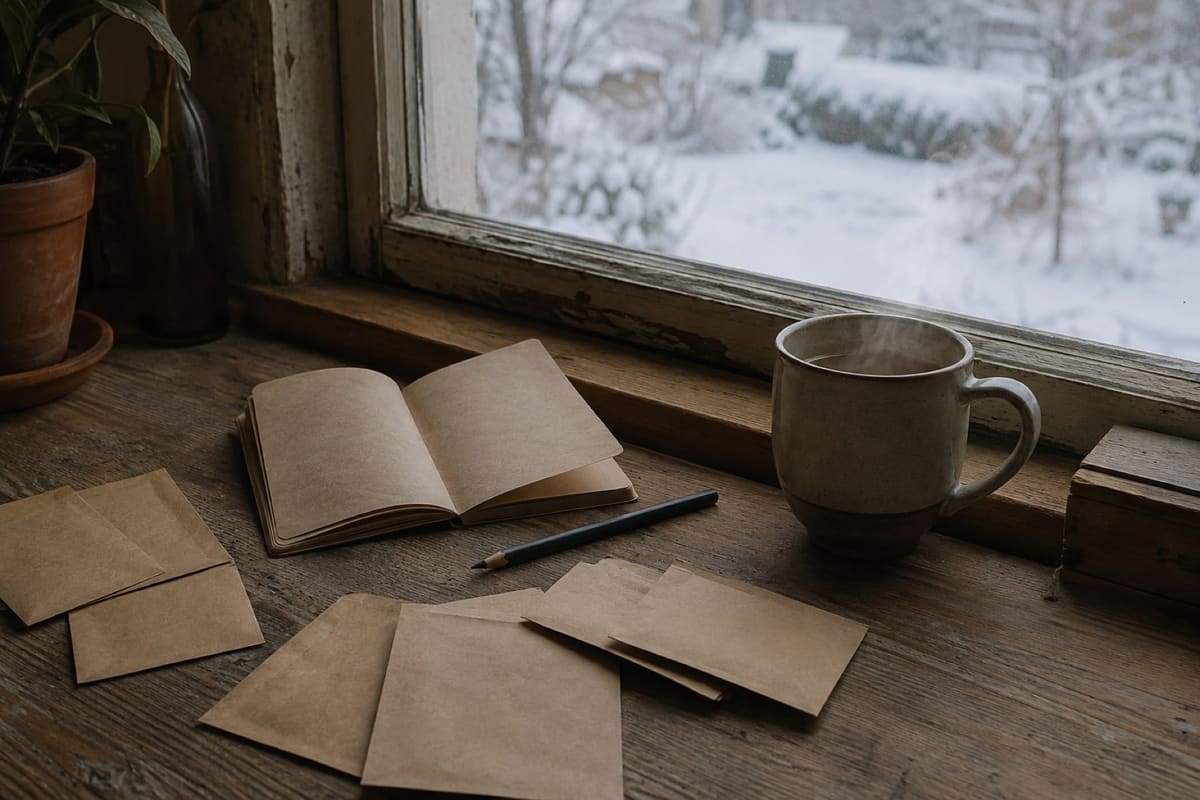 Notizbuch, Tasse und Saatguttüten liegen am Fenster, draußen liegt Schnee auf dem Garten.